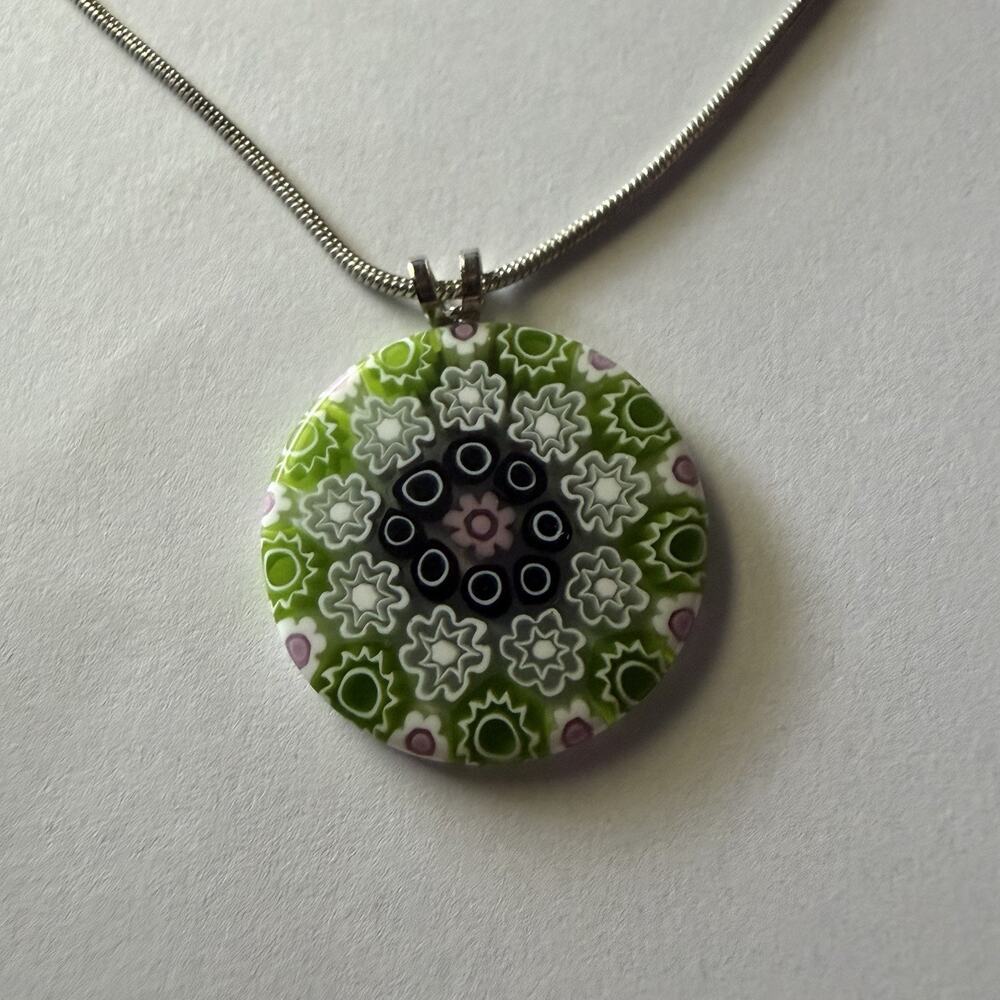 Murano Glass Millefiori Pendant Necklace 925 Sterling Silver Chain Green Floral